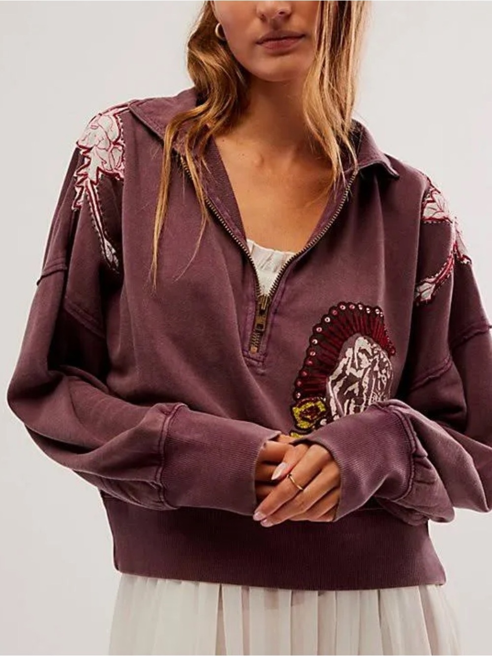 Free People Sparkle Sport Sweatshirt Plum Half-Zip Embroidered top Sz L